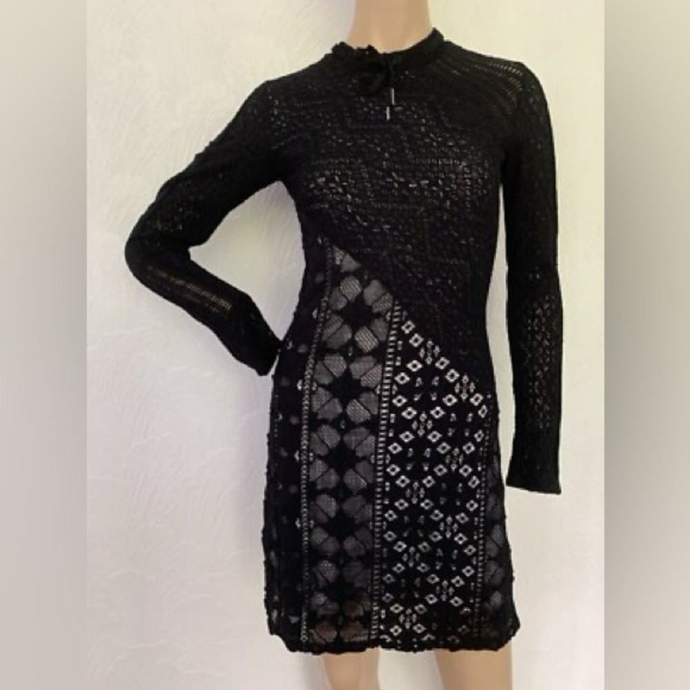 Sandro Paris Black Long Sleeve Overlay Lace Dress
